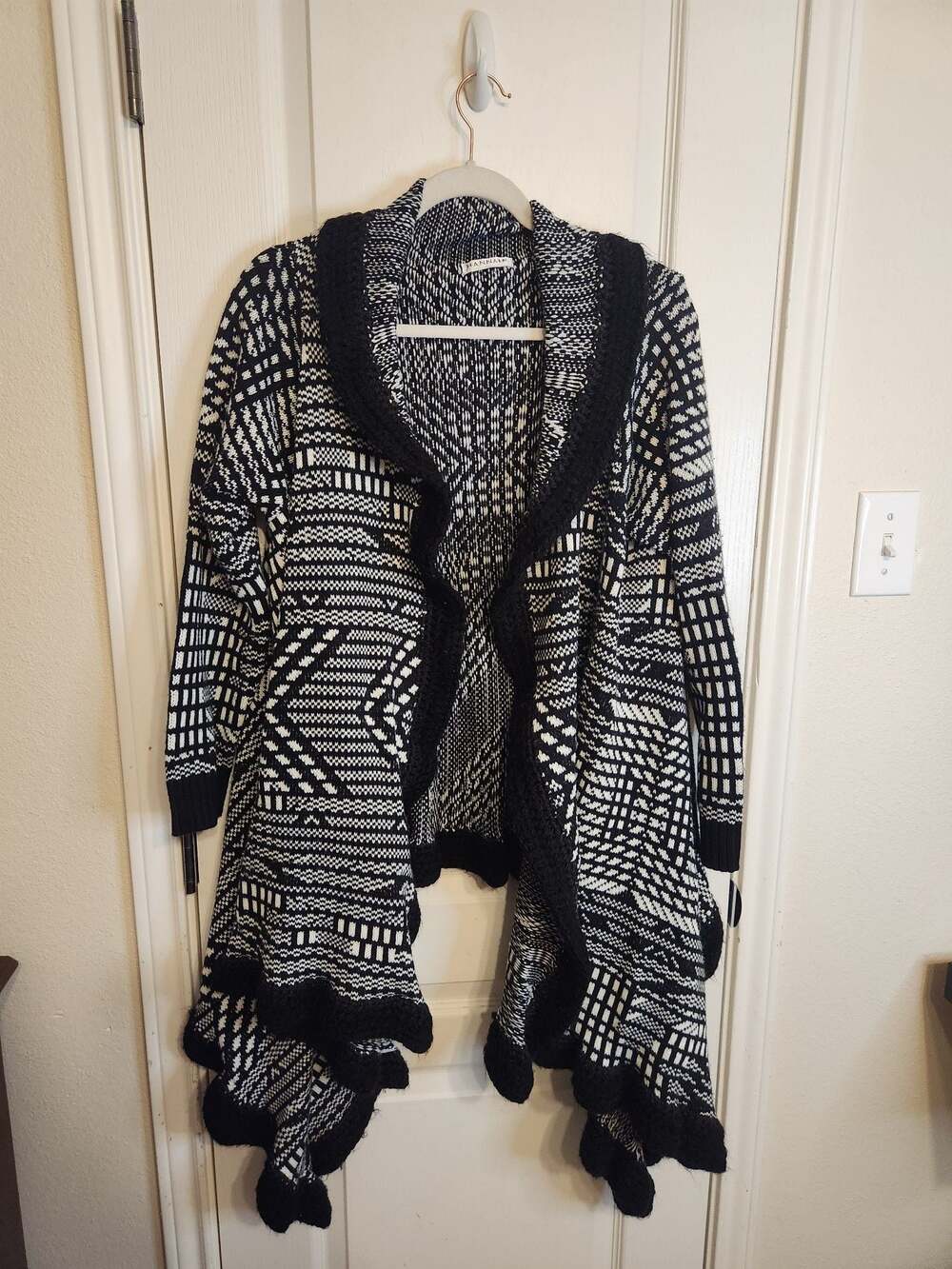 Hannah Black and White Geometric Open Knit Cardigan Asymmetric Hem Sweater